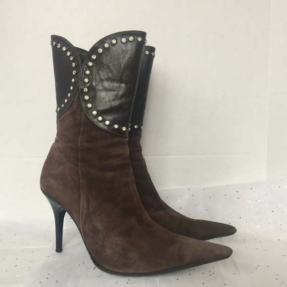 Mayra Brown Suede Leather PointToe Rhinestone Studded Boots Stiletto -size 39